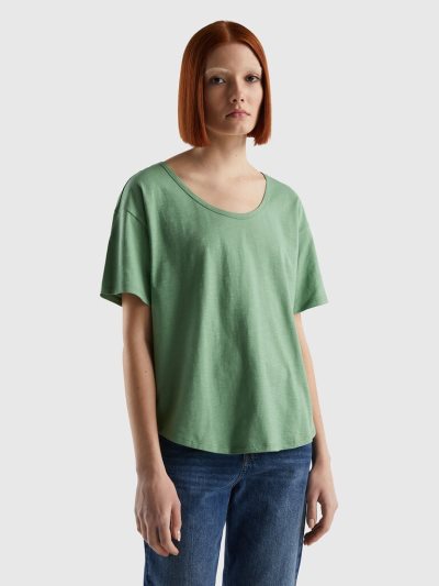 Green Women's Benetton Short Sleeve Lightweight Cotton T Shirts | AU531400