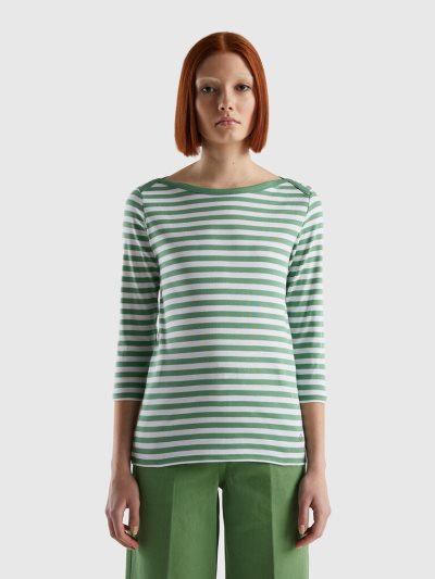 Green Women's Benetton Striped 3/4 Sleeve 100% Cotton T Shirts | AU896754