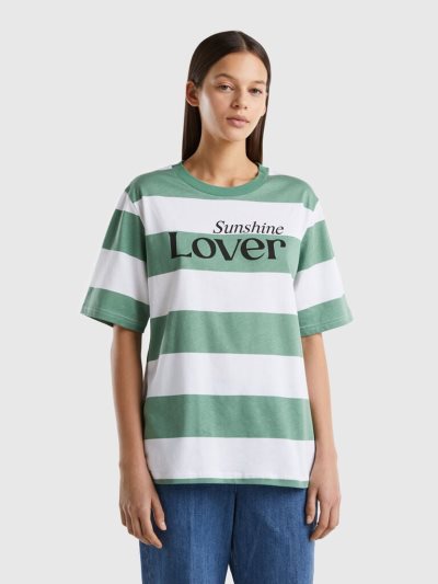 Green Women's Benetton Striped Slogan Short Sleeve T-shirts | AU819909