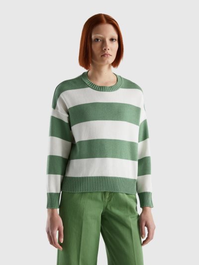 Green Women's Benetton Striped Tricot Cotton Crew Neck Sweaters | AU508041