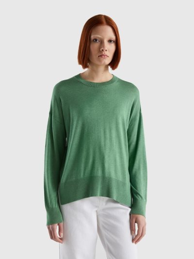 Green Women's Benetton Viscose Blend Slits Crew Neck Sweaters | AU556914