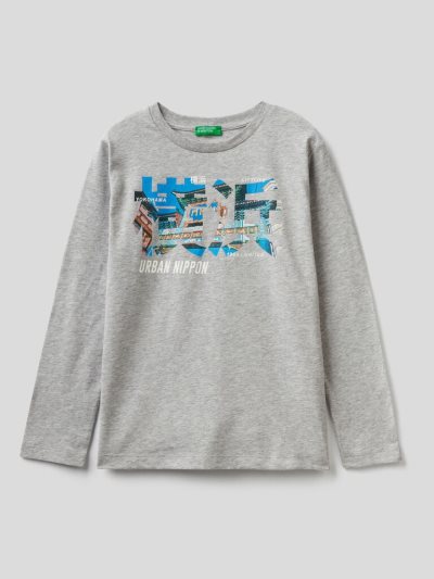 Grey Kids' Benetton 100% Cotton Print Long Sleeve T-shirts | AU050261