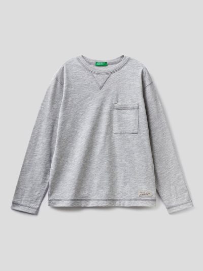 Grey Kids' Benetton Breast Pocket Organic Cotton Long Sleeve T-shirts | AU666113