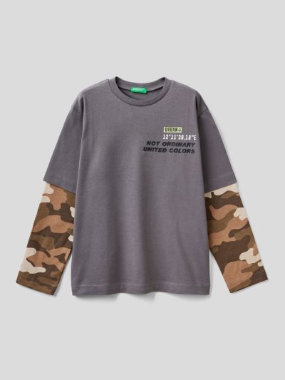 Grey Kids' Benetton Camouflage Sleeve Long Sleeve T-shirts | AU939016