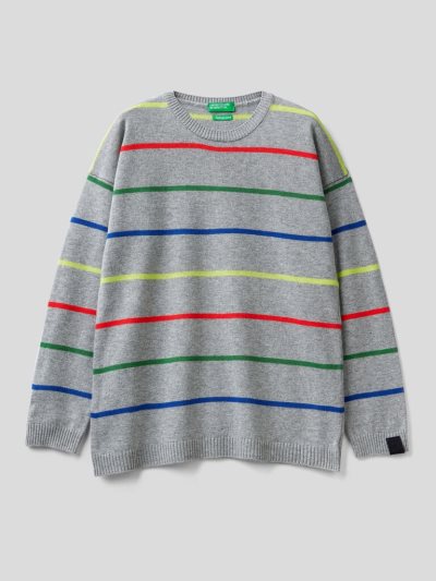 Grey Kids' Benetton Striped Wool And Cotton Blend Sweaters | AU437567