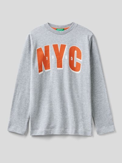 Grey Kids' Benetton Warm Cotton Print Long Sleeve T-shirts | AU902899