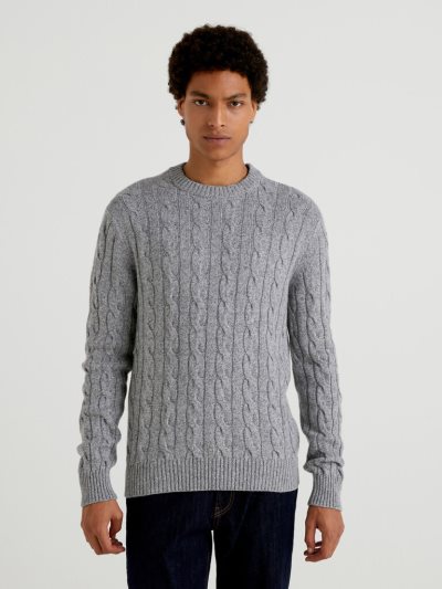 Grey Men's Benetton Cable Knit Cashmere Blend Crew Neck Sweaters | AU517506