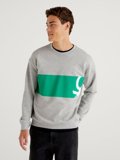 Grey Men's Benetton Crew Neck Logo Print Sweatshirt | AU447451