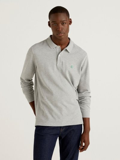 Grey Men's Benetton Long Sleeve 100% Cotton Polo Shirts | AU560854