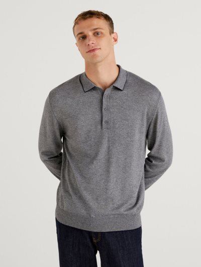 Grey Men's Benetton Long Sleeve Knit Polo Shirts | AU350688