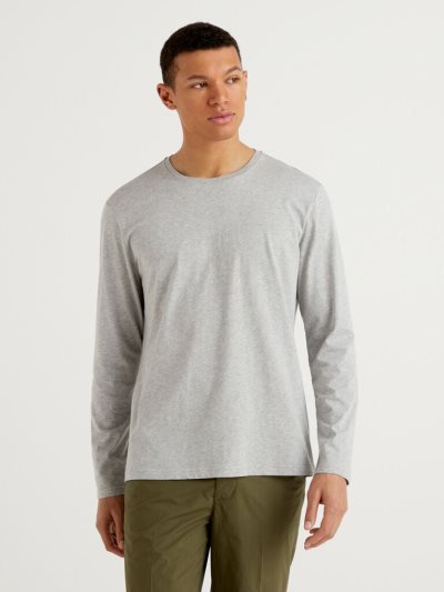 Grey Men's Benetton Long Sleeve Pure Cotton T Shirts | AU634234