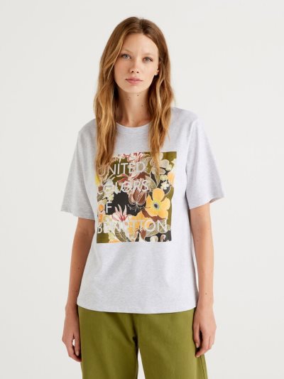 Grey Women's Benetton 100% Organic Cotton Logo Print Short Sleeve T-shirts | AU129934