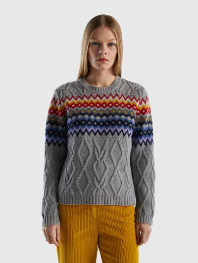 Grey Women's Benetton Jacquard Cables Crew Neck Sweaters | AU599674