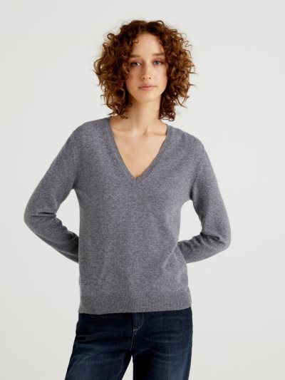 Grey Women's Benetton Pure Merino Wool V-neck Sweaters | AU542664