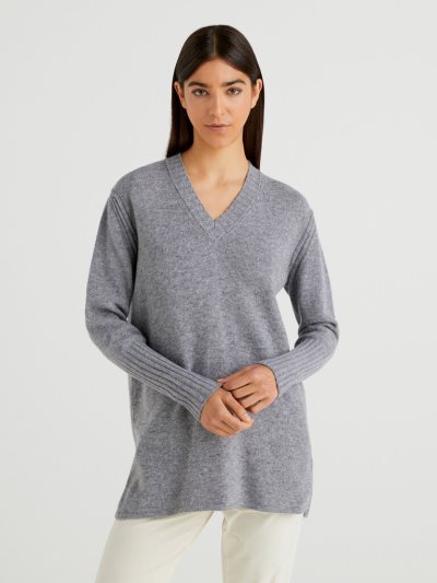 Grey Women's Benetton Wool Blend V-neck Sweaters | AU818199