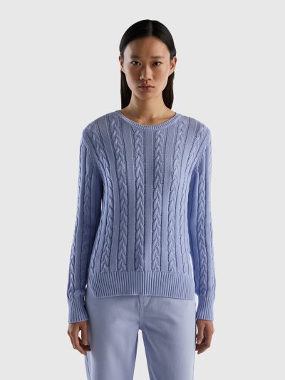 Lavender Women's Benetton Cable Knit 100% Cotton Crew Neck Sweaters | AU651578