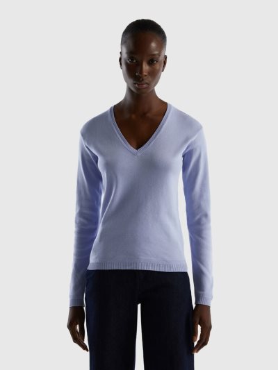 Lavender Women's Benetton Pure Cotton V-neck Sweaters | AU324901