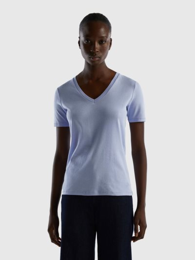 Lavender Women's Benetton Pure Cotton V-neck Short Sleeve T-shirts | AU440503