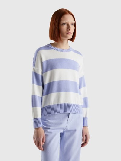 Lavender Women's Benetton Striped Tricot Cotton Crew Neck Sweaters | AU626573