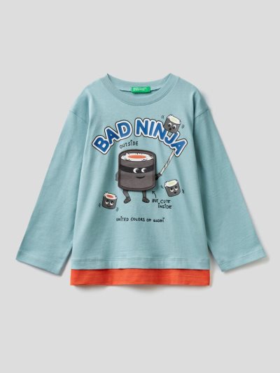 Light Blue Kids' Benetton Applique Long Sleeve T-shirts | AU747964