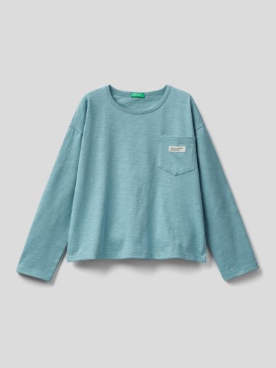 Light Blue Kids' Benetton Breast Pocket Organic Cotton Long Sleeve T-shirts | AU160701