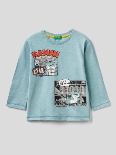 Light Blue Kids' Benetton Photographic Print Long Sleeve T-shirts | AU712682