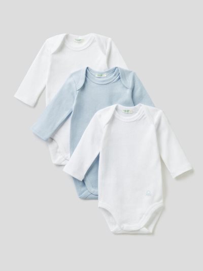 Light Blue Kids' Benetton Three Solid Color Organic Cotton Bodysuits | AU182654