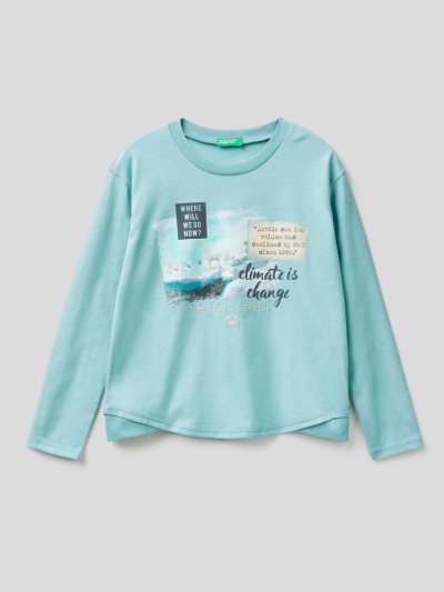 Light Blue Kids' Benetton Warm Cotton Print Long Sleeve T-shirts | AU207752