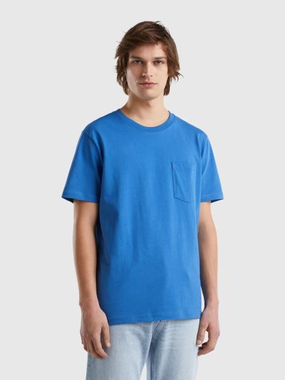 Light Blue Men's Benetton 100% Cotton Pocket Short Sleeve T-shirts | AU301369