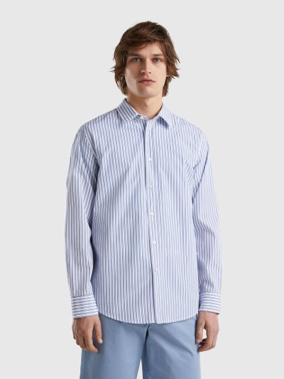 Light Blue Men's Benetton 100% Organic Cotton Patterned Shirts | AU900949