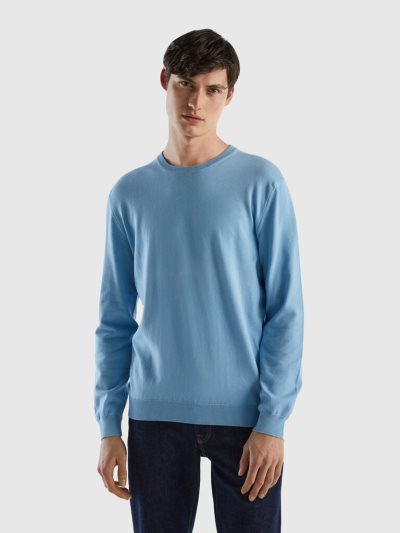 Light Blue Men's Benetton Crew Neck 100% Cotton Sweaters | AU832868