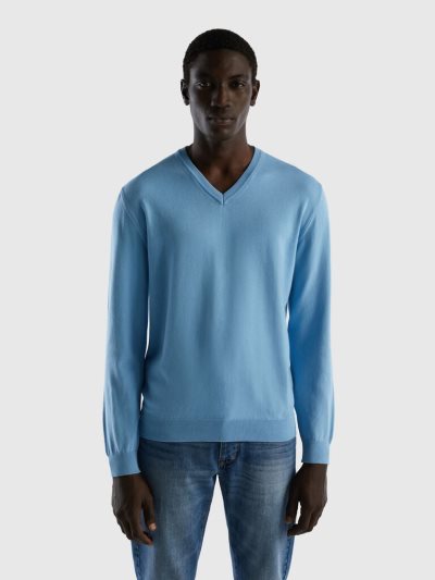 Light Blue Men's Benetton Pure Cotton V-neck Sweaters | AU119658