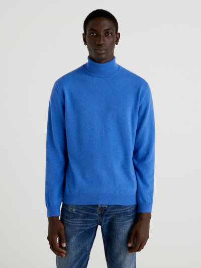 Light Blue Men's Benetton Pure Merino Wool Turtleneck High Neck Sweaters | AU050414