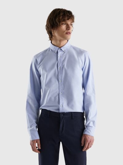 Light Blue Men's Benetton Slim Fit 100% Cotton Shirts | AU519148