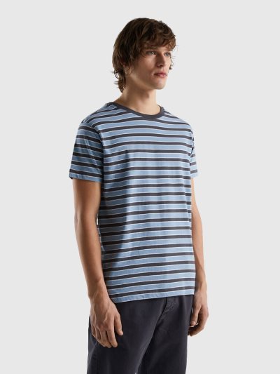 Light Blue Men's Benetton Striped 100% Cotton Short Sleeve T-shirts | AU436111