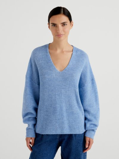 Light Blue Women's Benetton Boxy Fit V-neck Sweaters | AU830547