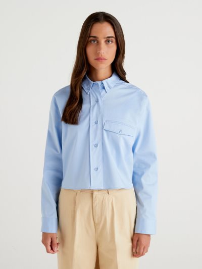 Light Blue Women's Benetton Button Down Pocket Shirts | AU273845