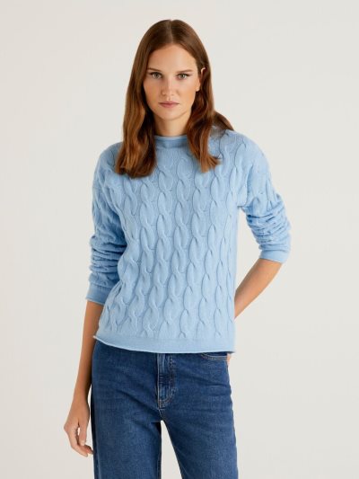 Light Blue Women's Benetton Cable Knit High Neck Sweaters | AU984066