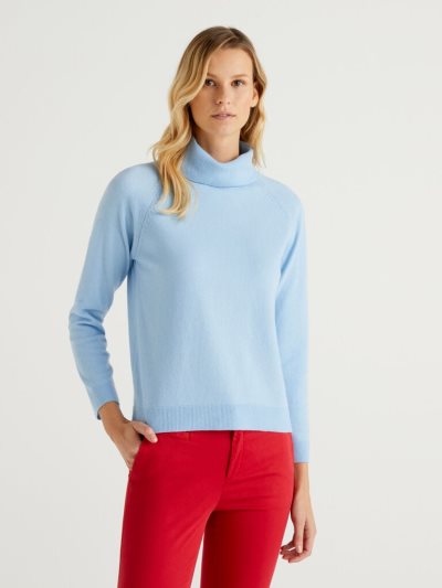 Light Blue Women's Benetton Cashmere And Wool Blend Turtleneck High Neck Sweaters | AU598218