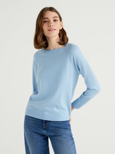 Light Blue Women's Benetton Crew Neck Cashmere And Wool Blend Sweaters | AU925111