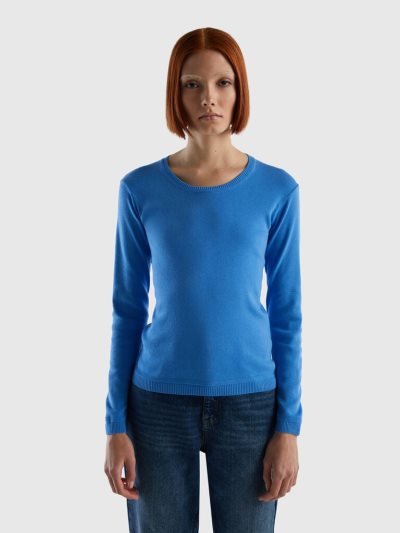 Light Blue Women's Benetton Crew Neck Pure Cotton Sweaters | AU079806