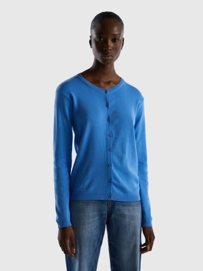 Light Blue Women's Benetton Crew Neck Pure Cotton Cardigan | AU951532