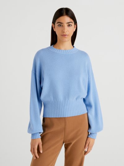 Light Blue Women's Benetton Crew Neck Wool Blend Sweaters | AU283787