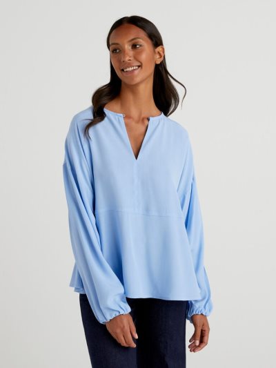 Light Blue Women's Benetton Flowy Frill Blouse | AU224929