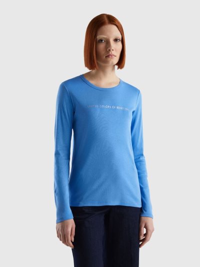 Light Blue Women's Benetton Long Sleeve 100% Cotton T Shirts | AU822373