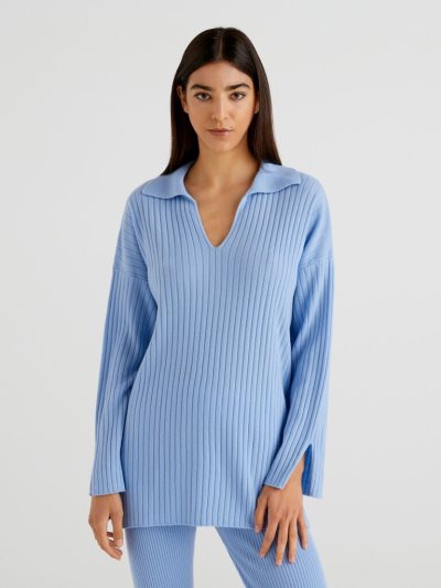 Light Blue Women's Benetton Polo-style Ribbed V-neck Sweaters | AU510635