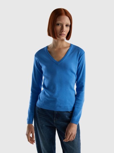 Light Blue Women's Benetton Pure Cotton V-neck Sweaters | AU306988