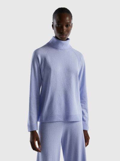 Light Blue Women's Benetton Wool And Cashmere Blend Turtleneck High Neck Sweaters | AU192202