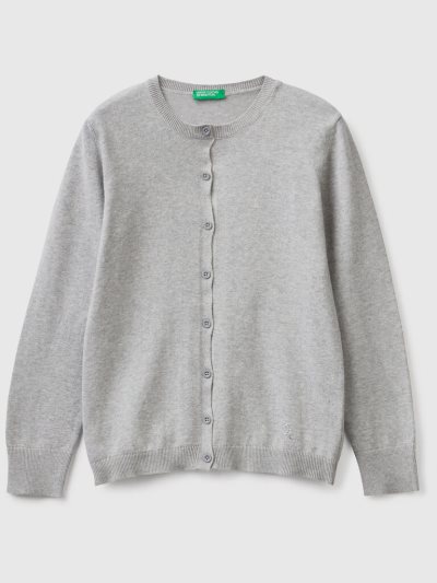 Light Grey Kids' Benetton Crew Neck Cotton Blend Cardigan | AU158131