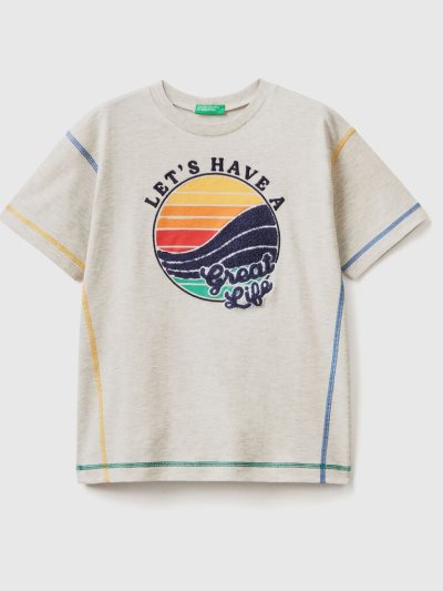 Light Grey Kids' Benetton Print And Embroidery Short Sleeve T-shirts | AU027049